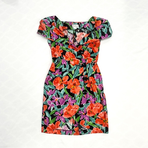 Ann Tjian for Kennar Petites Dresses & Skirts - Vintage Ann Tjian For Kenar Petites Cotton Graphic Floral Off Shoulder Dress